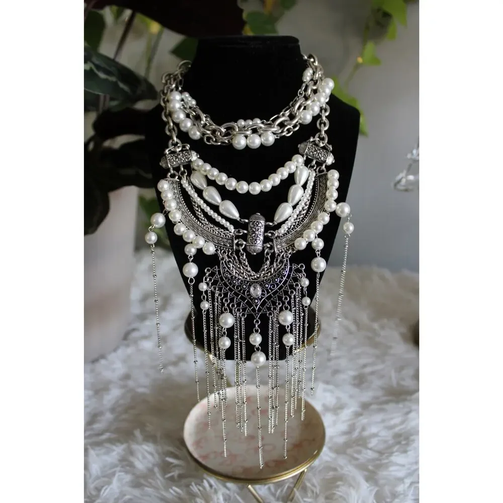 Free People Silver Pearl Statement Bib Necklace Boho Layered Fringe msrp 99